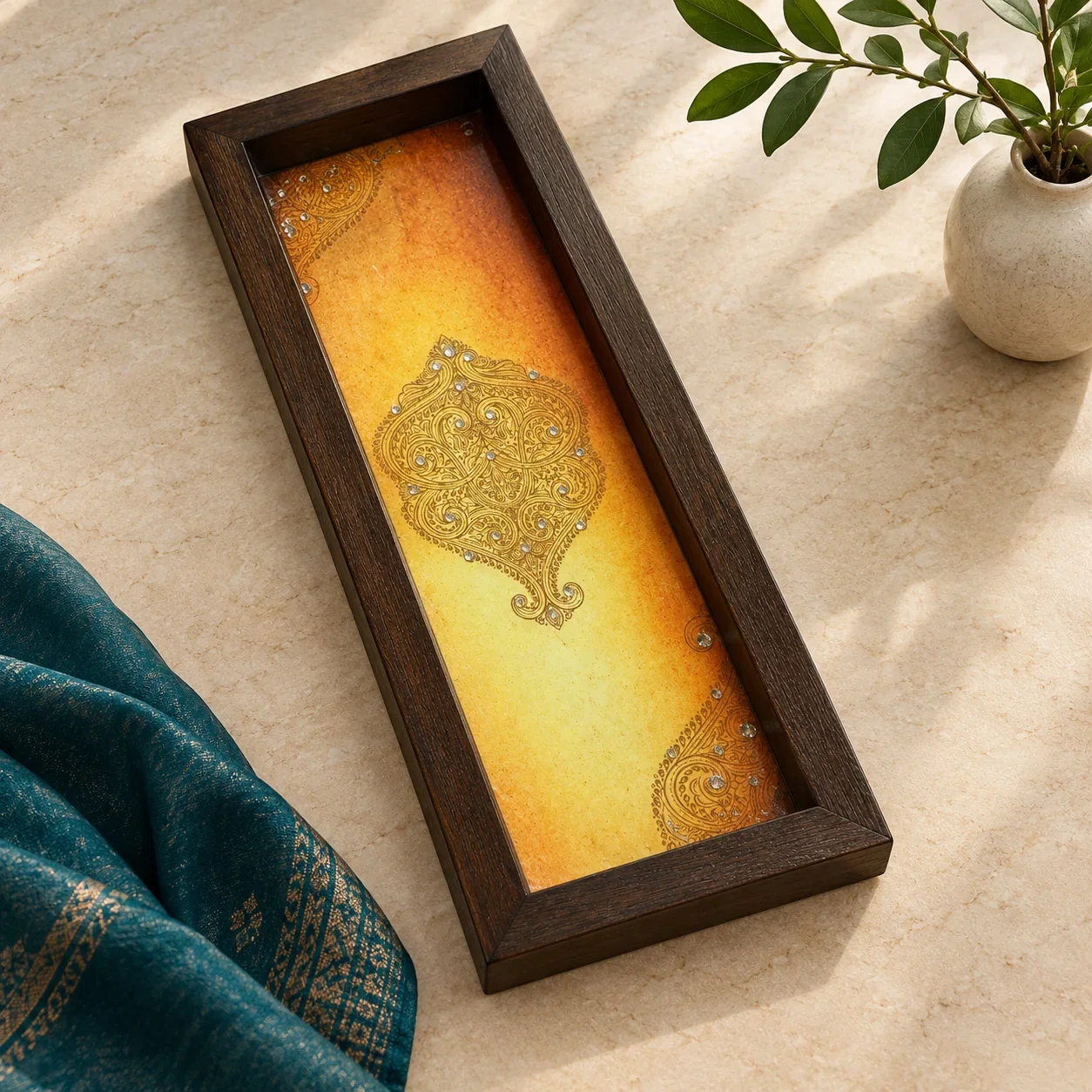 Mustard Gold Paisley Wooden Box Tray