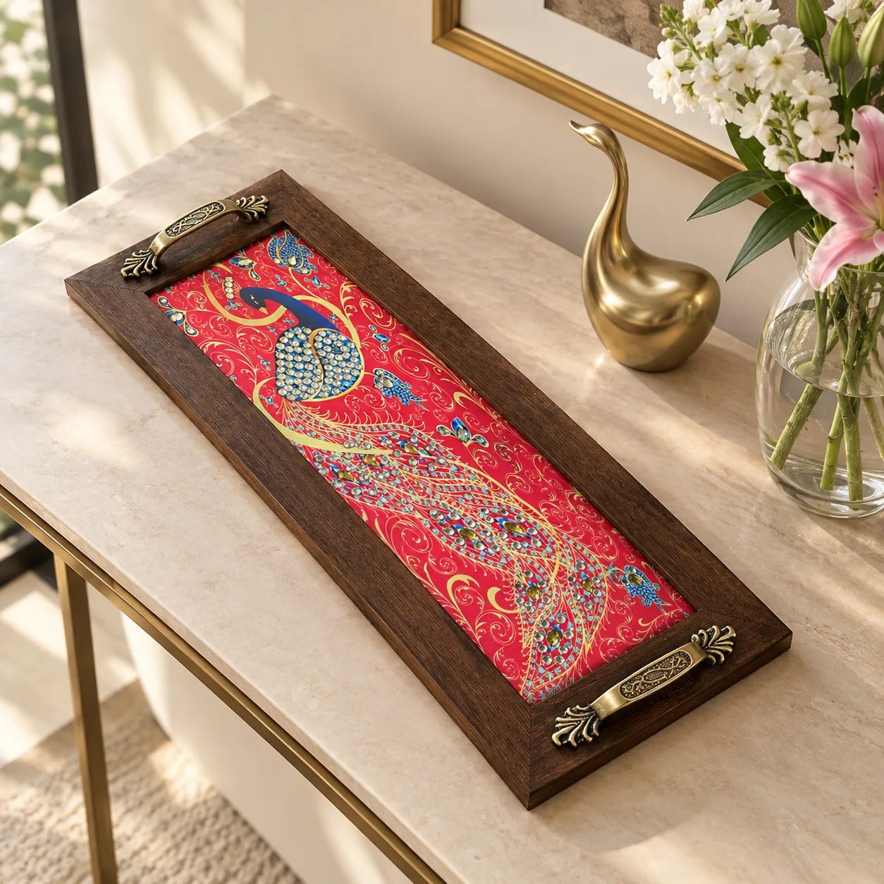 Red Peacock Wooden Serving Tray (6 × 12 in)
