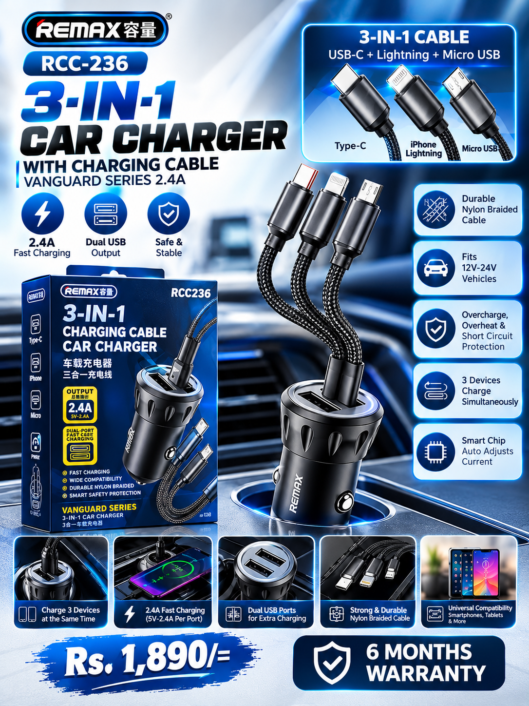 REMAX RCC-236 3-in-1 Car Charger & Charging Cable