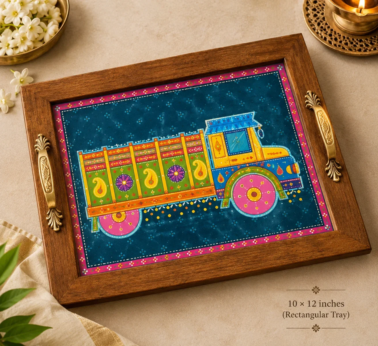 Teal Truck Art Rectangular Wooden Tray (10 × 12 in)