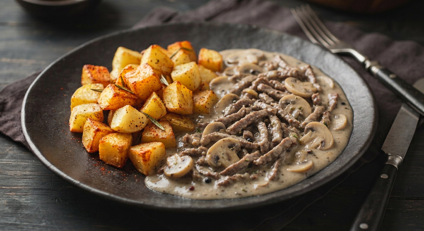 Carne de res en salsa cremosa de hongos con papas al horno_0