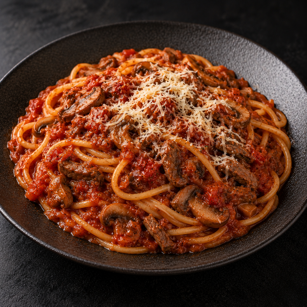 Para llevar✨Pasta con carne de res y champiñones en salsa filetto casera, con parmesano