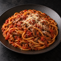 Para llevar✨Pasta con carne de res y champiñones en salsa filetto casera, con parmesano