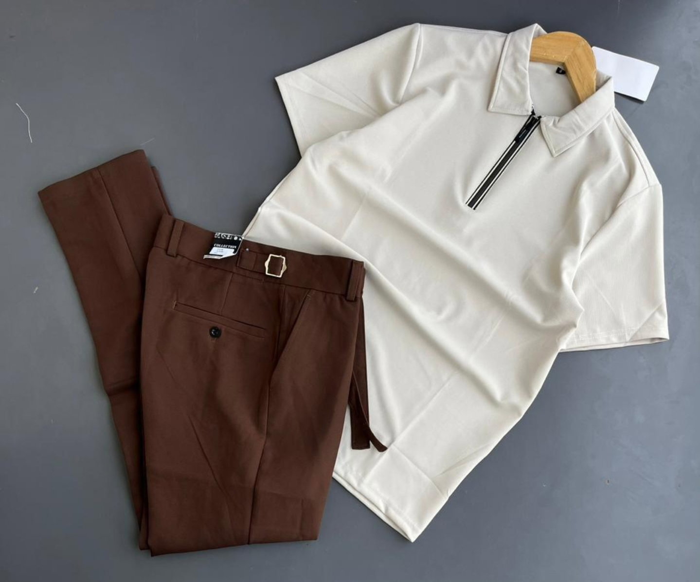 Brown beltless trousers plus cream tshirt 