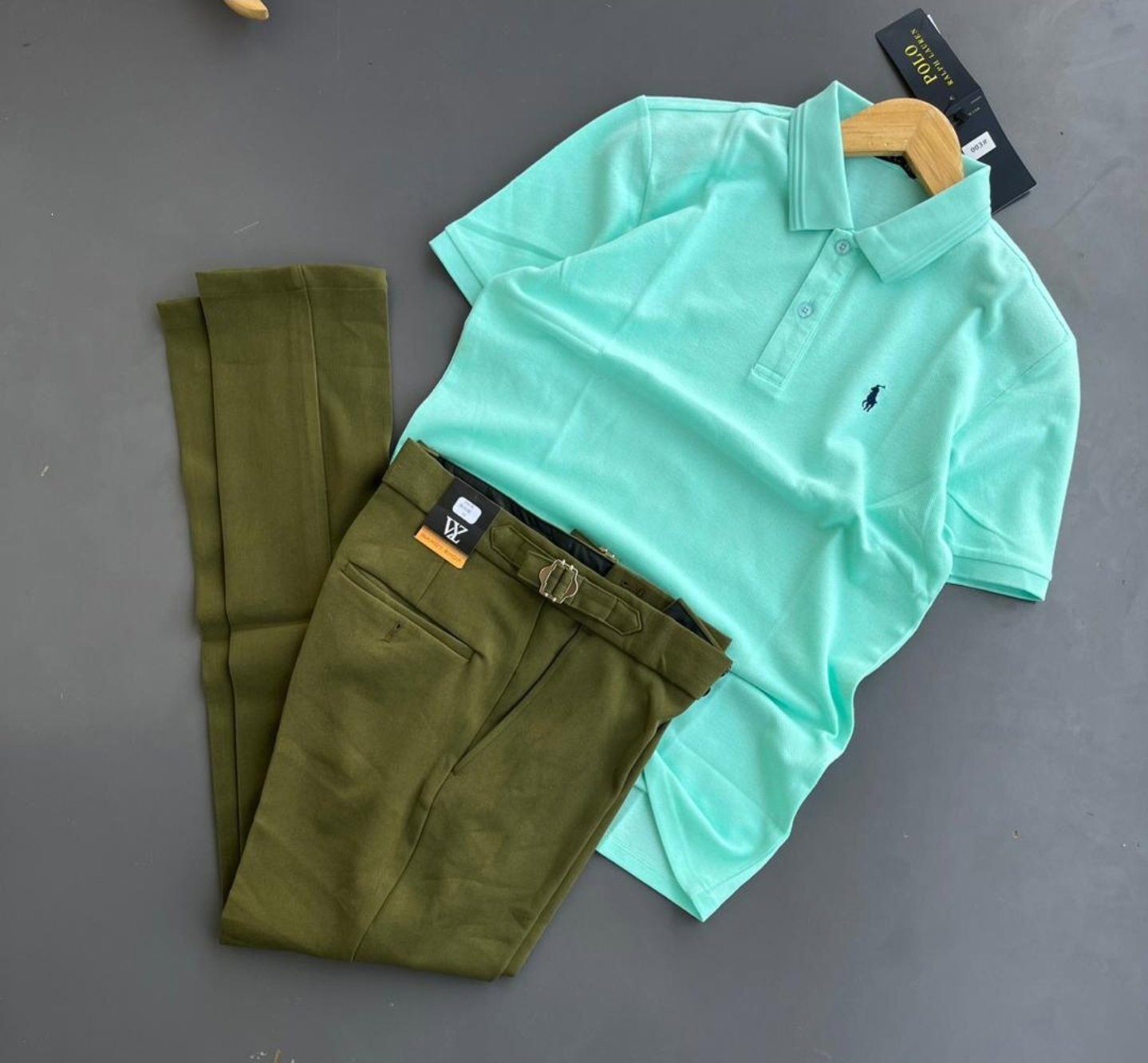 Green beltless trousers plus polo tshirt 