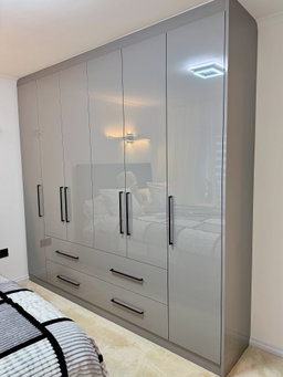 Modern High Gloss Built-In Wardrobe - 6 Door + 3 Drawers - Grey Gloss