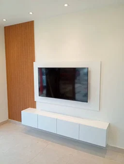 Modern Floating TV Stand + Fluted Wall Panel + TV Back Board - White