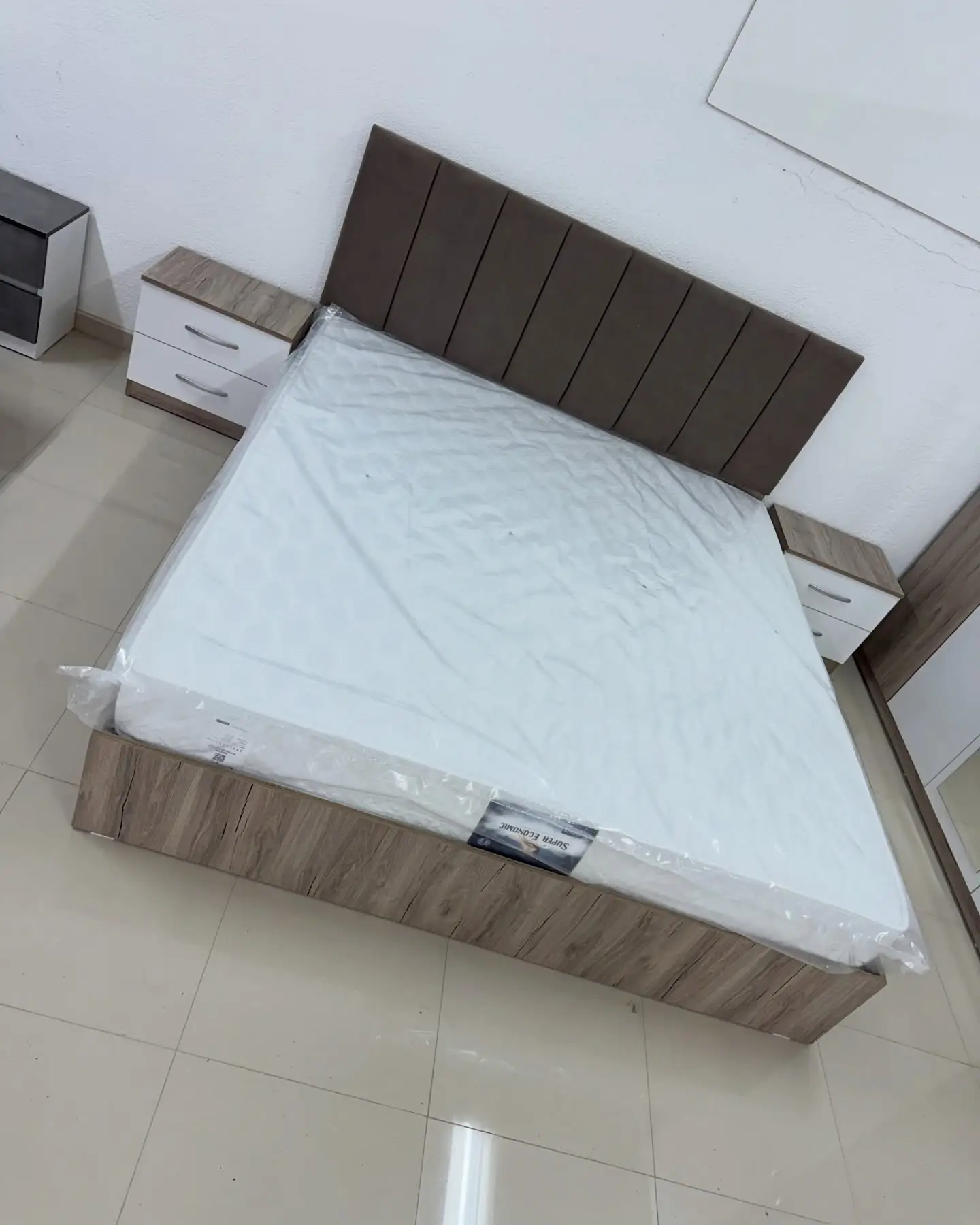 Melamine Bedroom Set - King Size - Brown Upholstered Panel Headboard