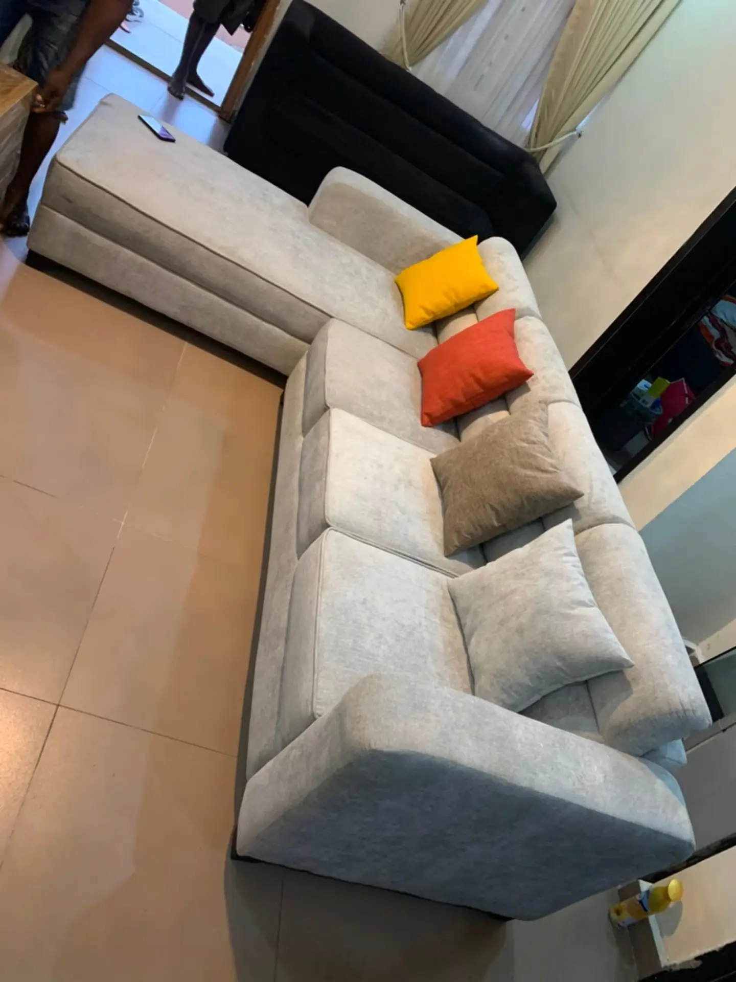 L-Shape Corner Couch - Light Grey Fabric - 4 Seater + Chaise - Modern Square Arms
