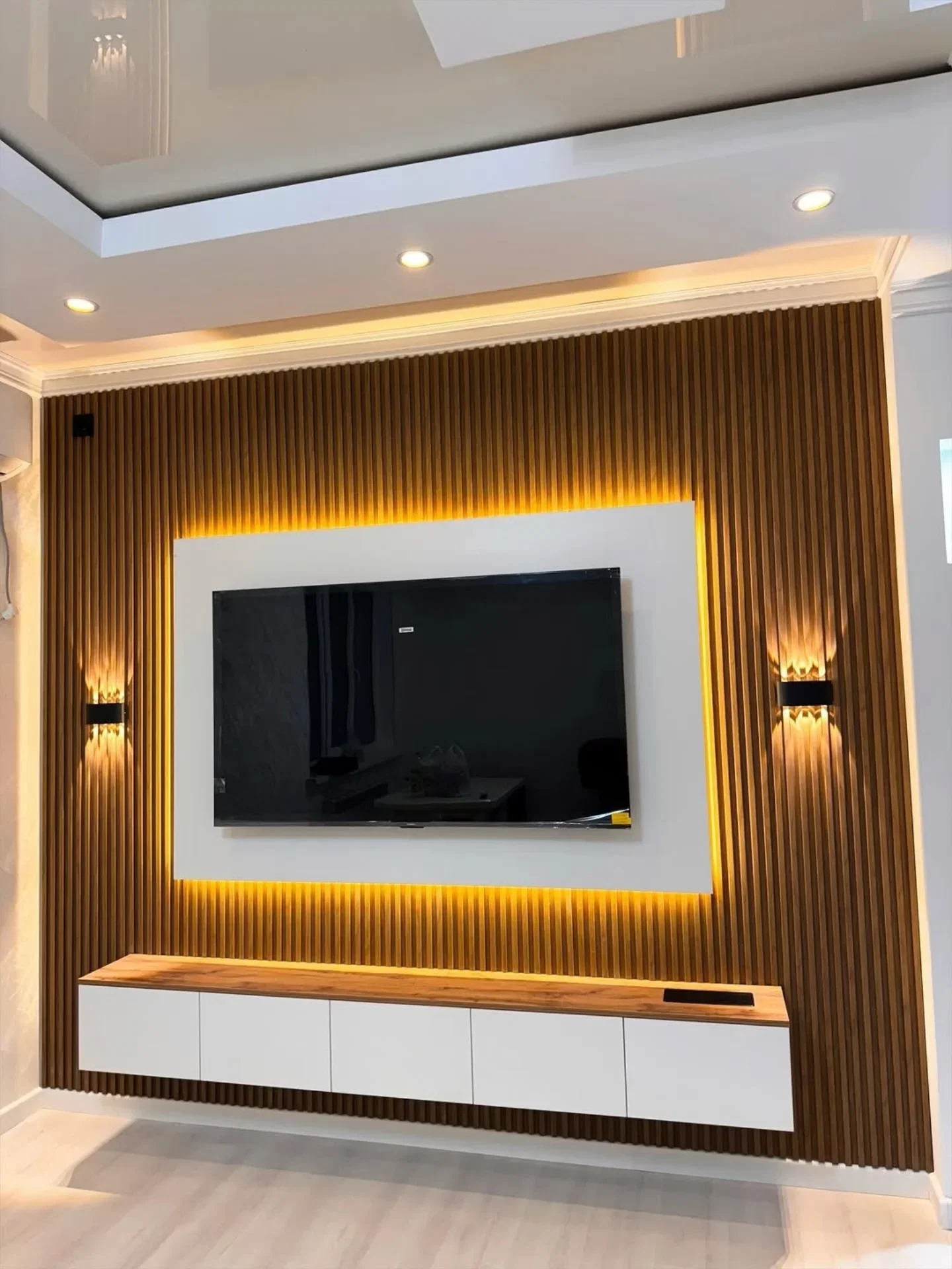 Modern Floating TV Wall Unit - Wooden Fluted Panels + White Floating Cabinet + LED Backlight