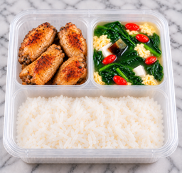Tue Bento - Pan Seared Chicken Wings with Trio Egg Spinach