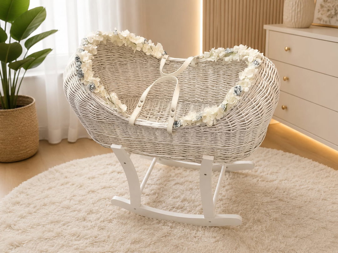 Beautiful White Wicker Baby Cradle with Stand