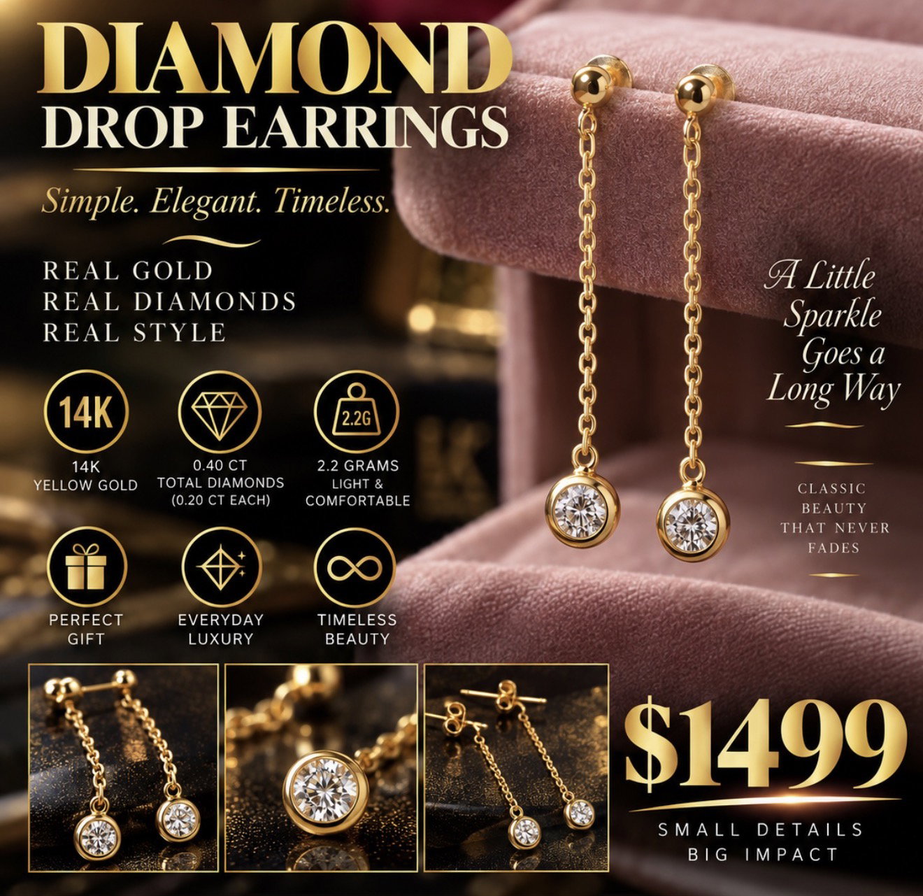 14K Yellow Gold and Diamond 0.40Carat Natural Diamonds Drop Earrings_0