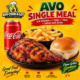 AVO Single Meal 1/4 Chicken, 1 Side + 330ml Soft Drink + Bun