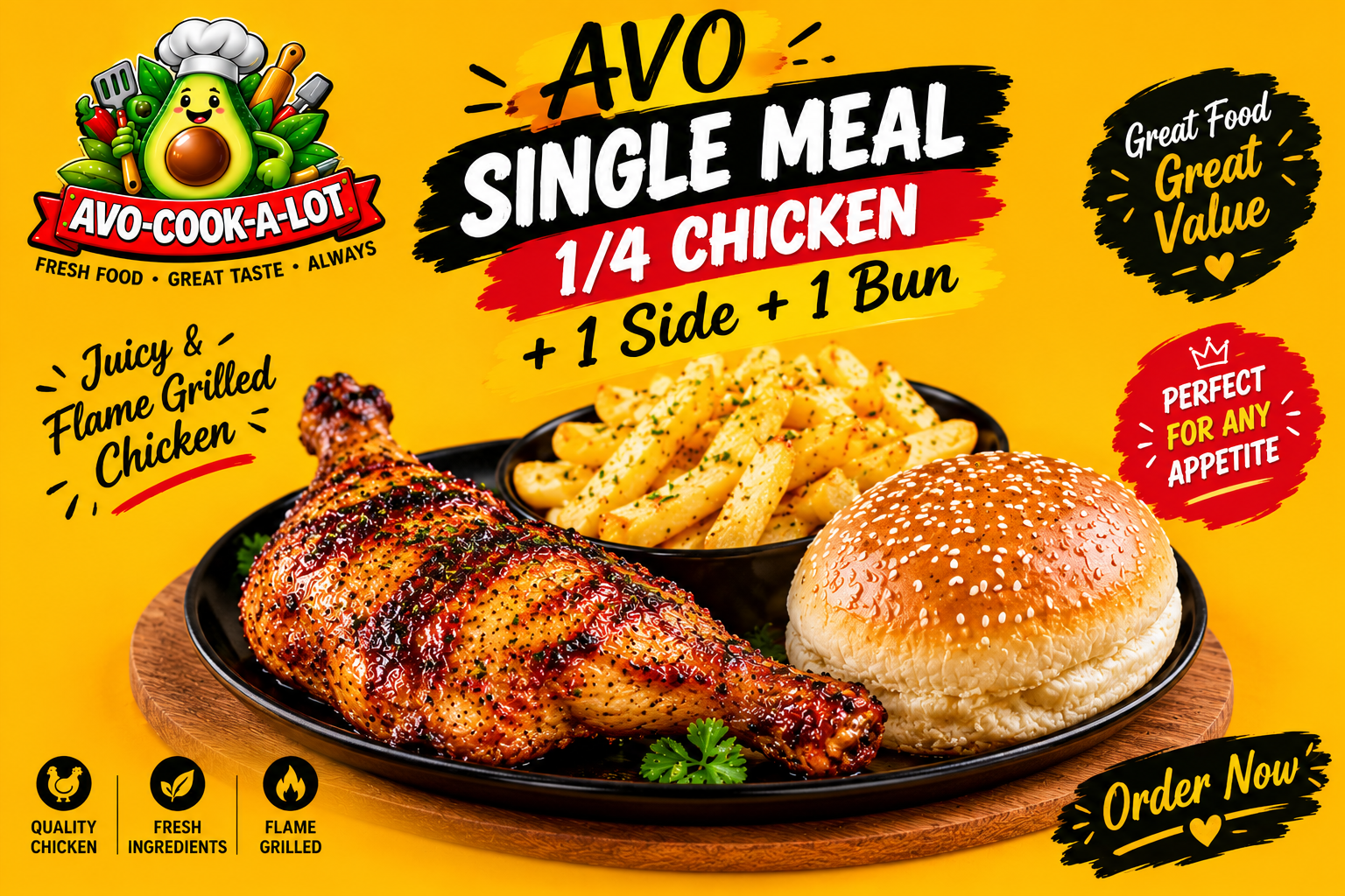 AVO Single Meal 1/4 Chicken + 1 side + 1 Bun
