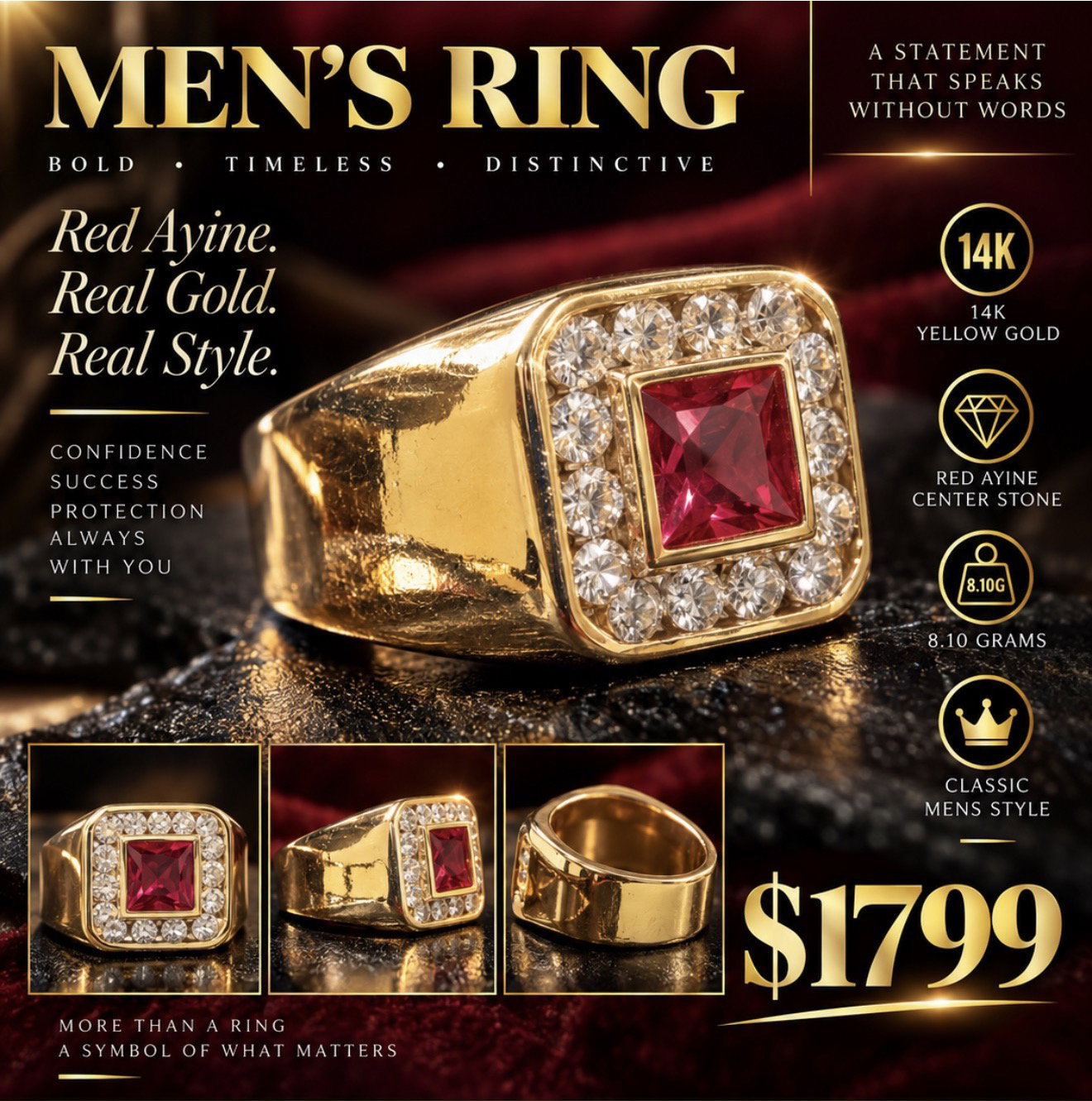 14K Yellow gold Mens Ring With Red Stone_0