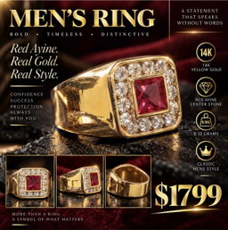 14K Yellow gold Mens Ring With Red Stone