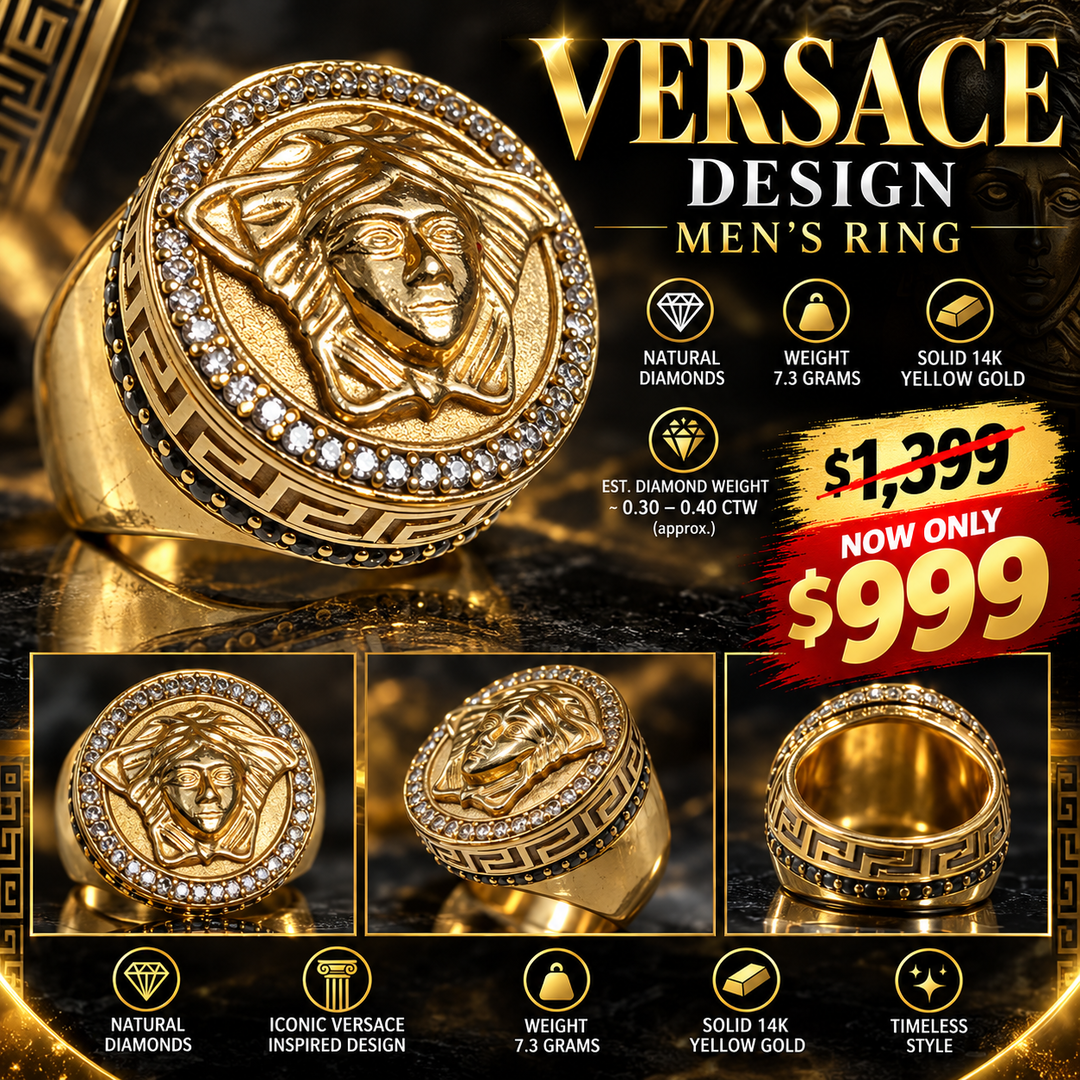 14K yellow Gold Men's Versace Ring With Diamonds