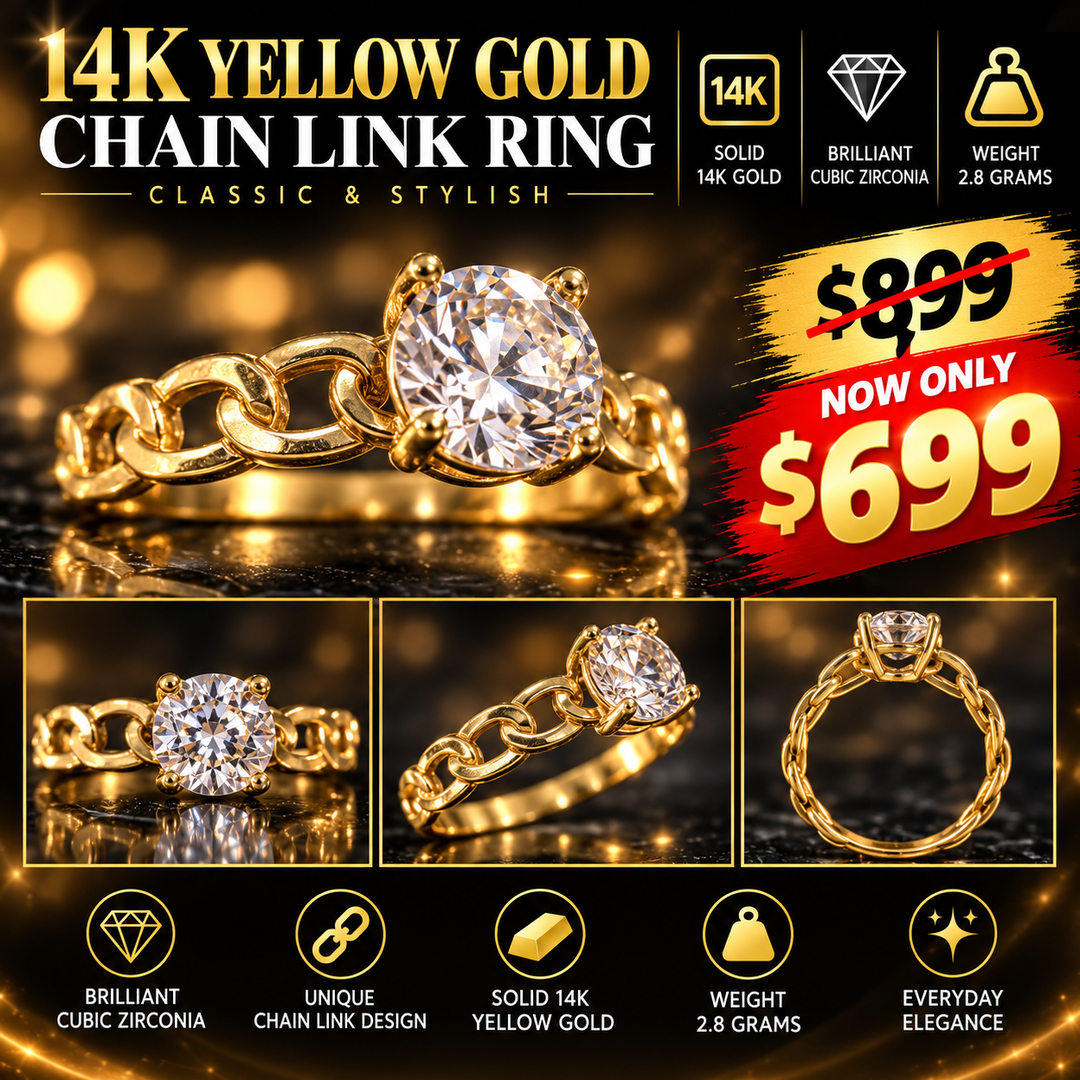 14K Yellow Gold Chain Link Ring with CZ