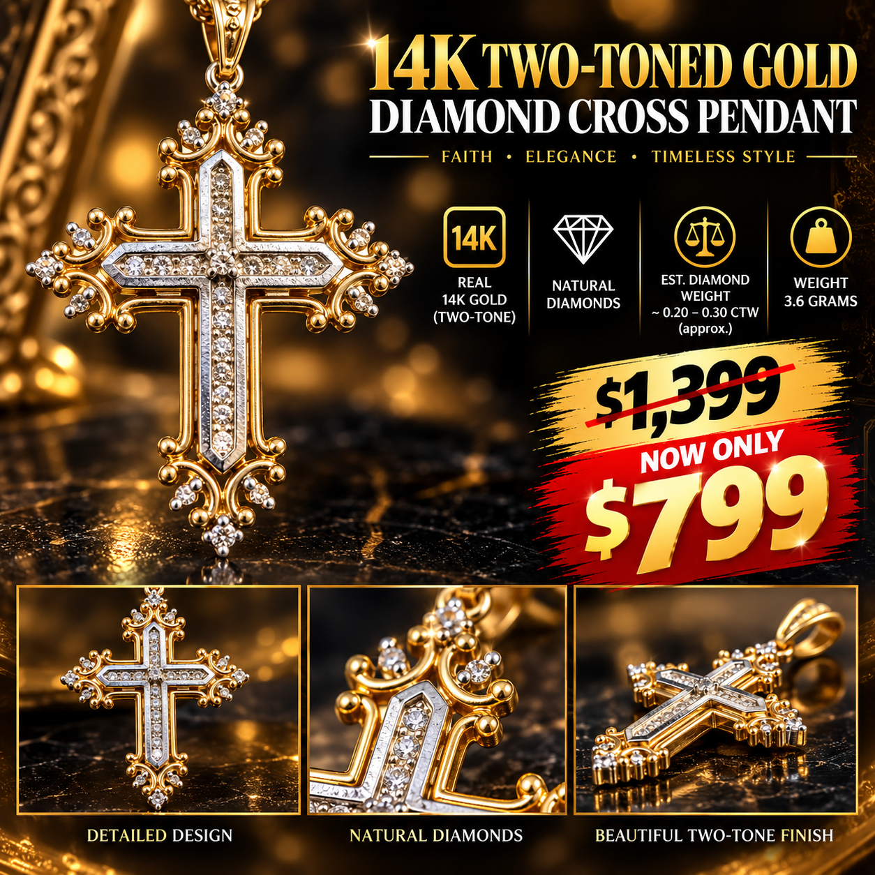 14K Yellow Gold and Diamond Cross Pendant_0