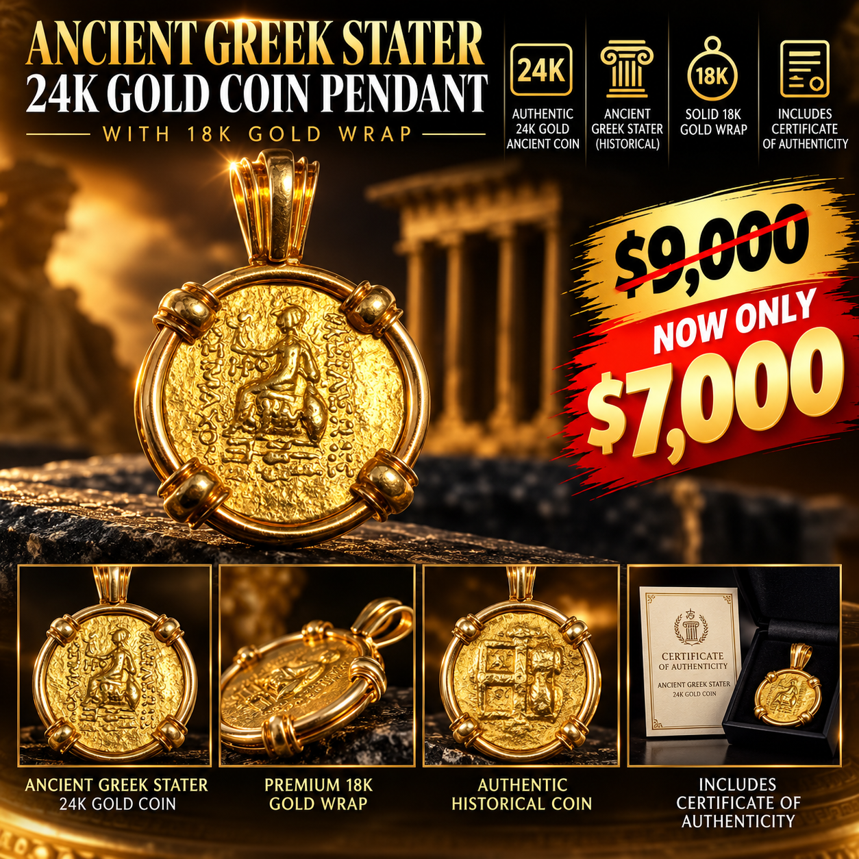 24K Yellow Gold Ancient Greek Stater Coin Pendant_0