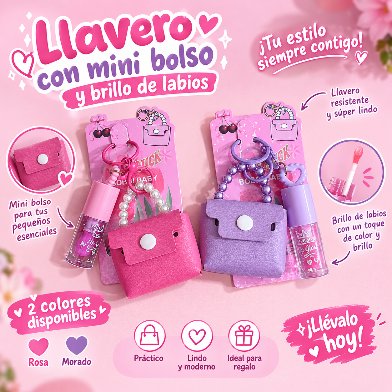Llavero con mini bolso y brillo de labios