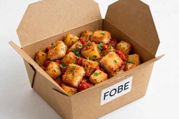Pommes de terre sautées +sauce tomate +poisson découpé en cube