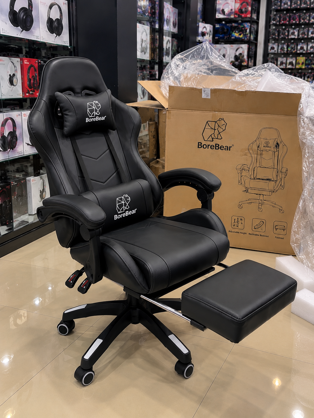 Chaise Gaming BorealBear Noir & Blanc avec Repose-Pieds