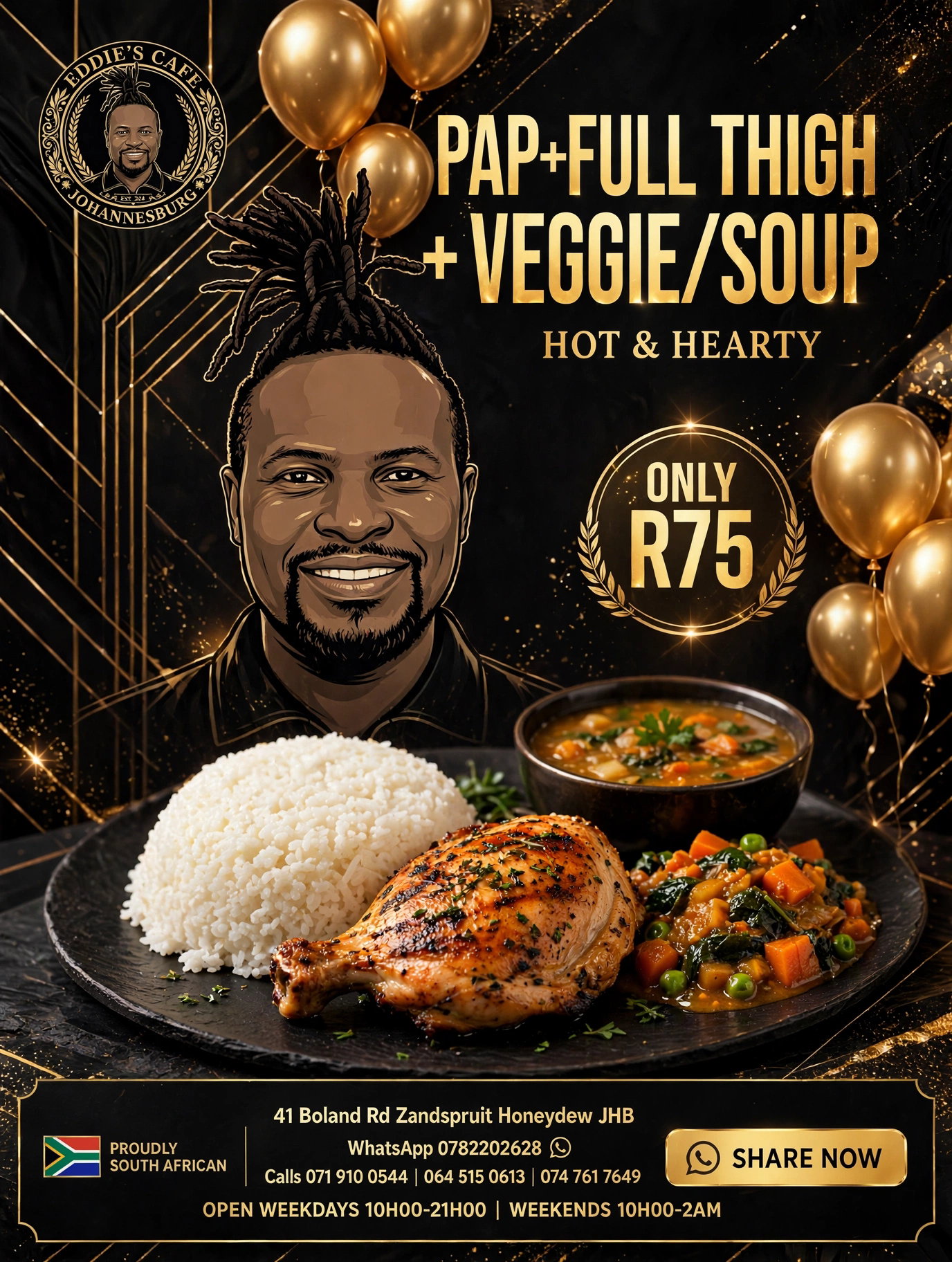 Pap,Chicken, veg & soup &  for 1  individual
