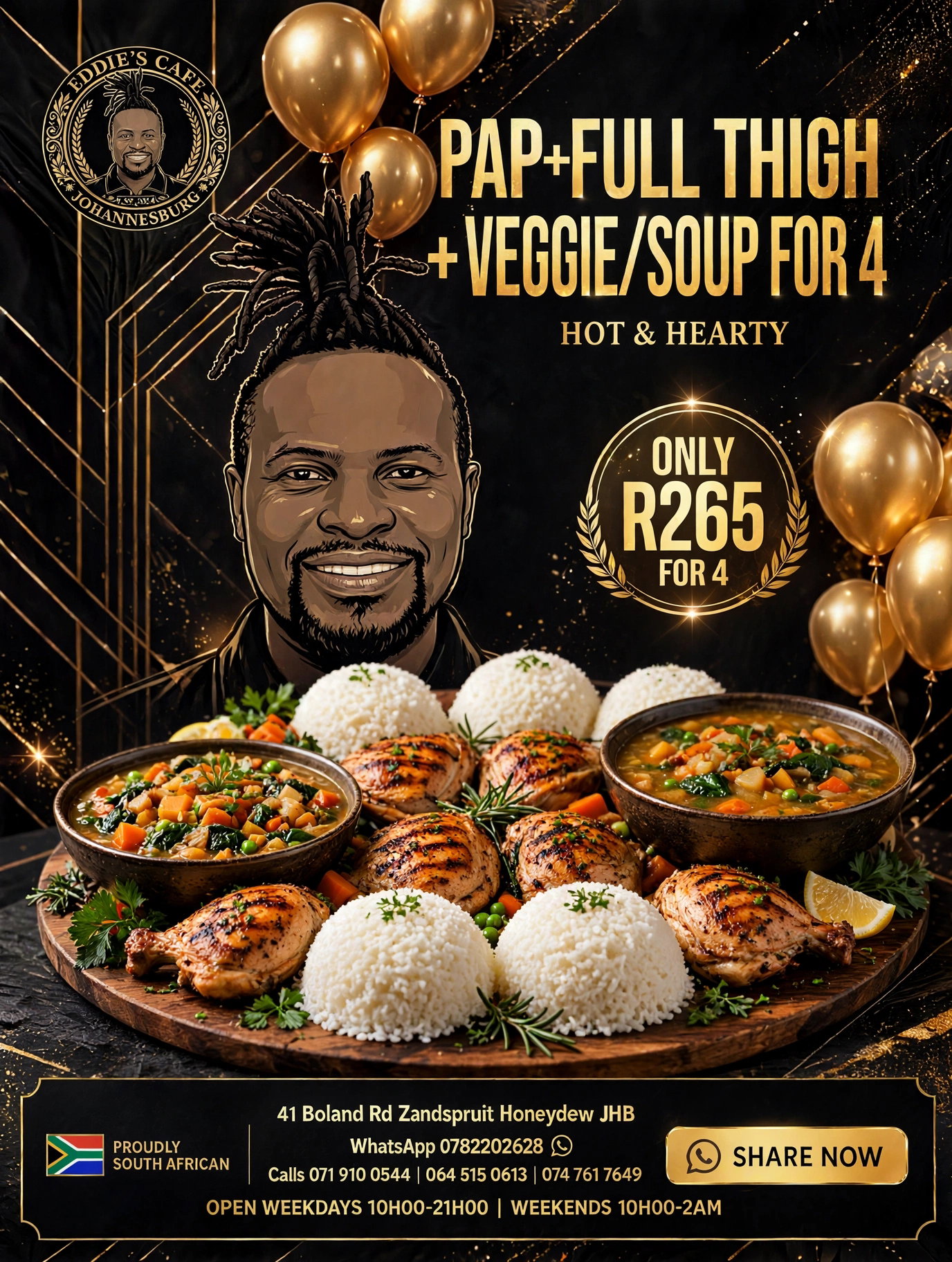 Pap,Chicken, veg & soup &  for 4  individual