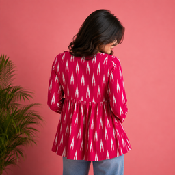 Women's Pink Ikat Print V-Neck Peplum Top | Long Sleeve Casual Flared Tunic