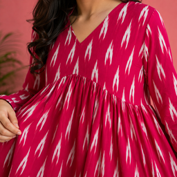 Women's Pink Ikat Print V-Neck Peplum Top | Long Sleeve Casual Flared Tunic