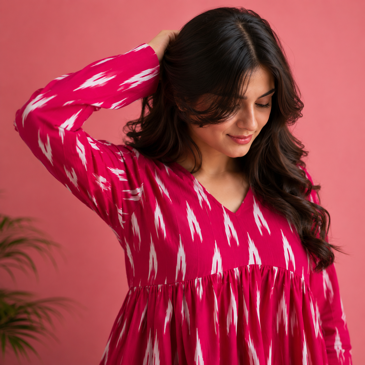 Women's Pink Ikat Print V-Neck Peplum Top | Long Sleeve Casual Flared Tunic_5