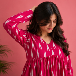 Women's Pink Ikat Print V-Neck Peplum Top | Long Sleeve Casual Flared Tunic