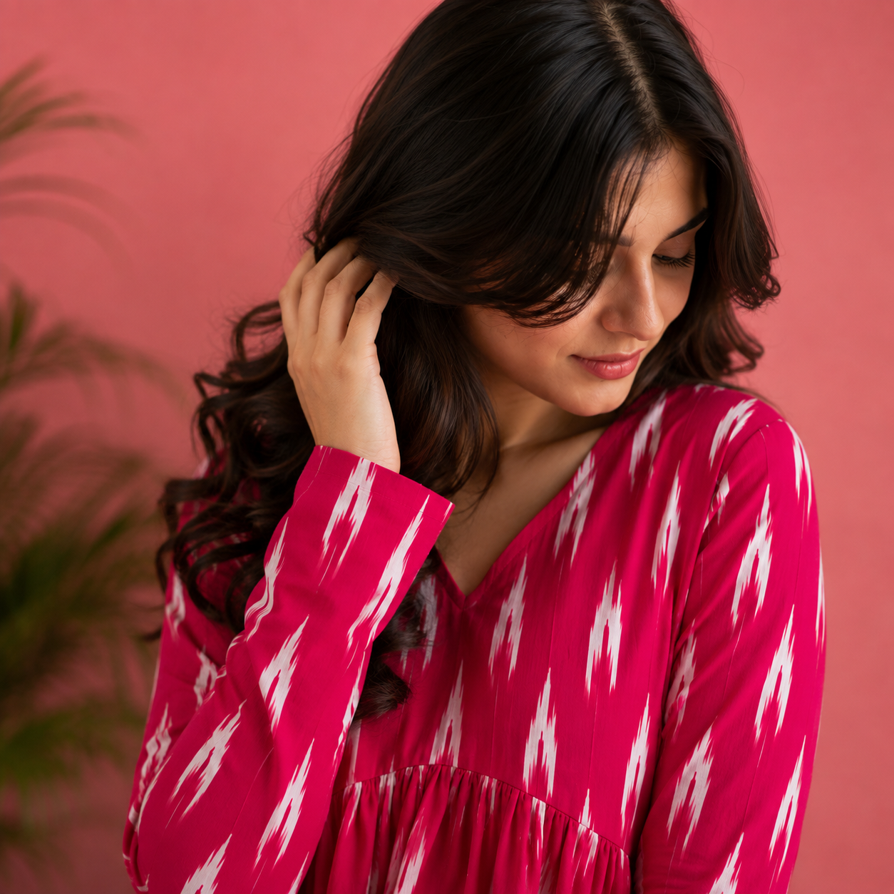 Women's Pink Ikat Print V-Neck Peplum Top | Long Sleeve Casual Flared Tunic_1