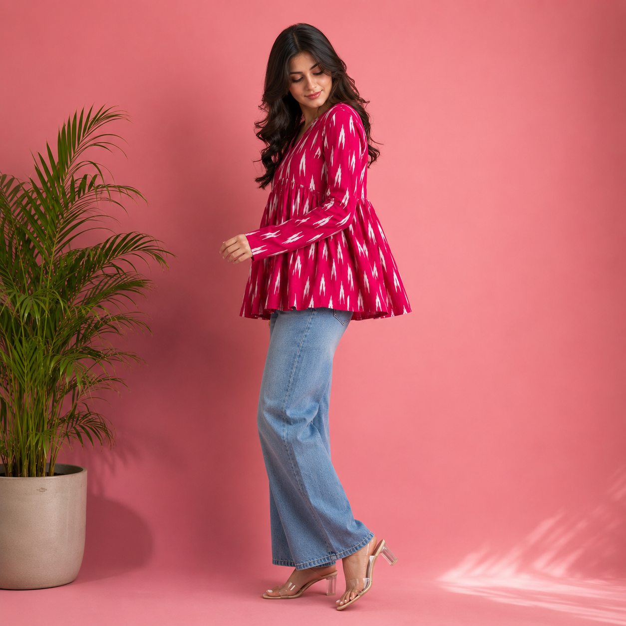 Women's Pink Ikat Print V-Neck Peplum Top | Long Sleeve Casual Flared Tunic_2