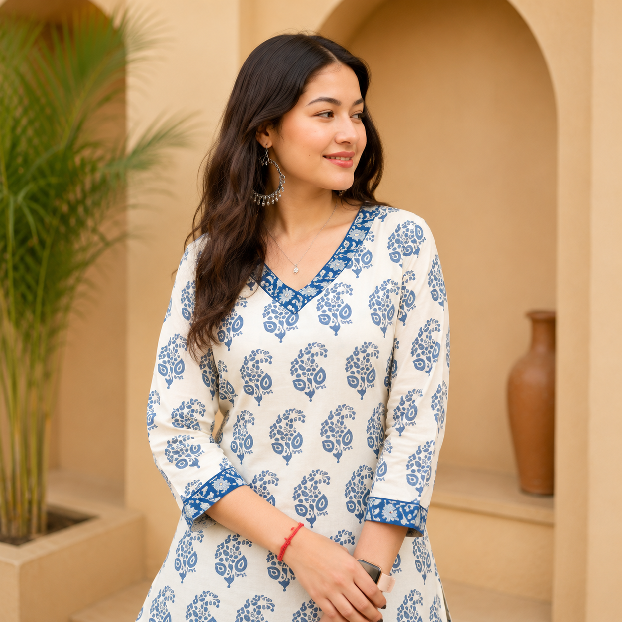 Women's Off White & Blue Ethnic Printed Cotton Kurti | V-Neck 3/4 Sleeve Straight Fit Casual Kurta_3