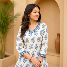 Women's Off White & Blue Ethnic Printed Cotton Kurti | V-Neck 3/4 Sleeve Straight Fit Casual Kurta