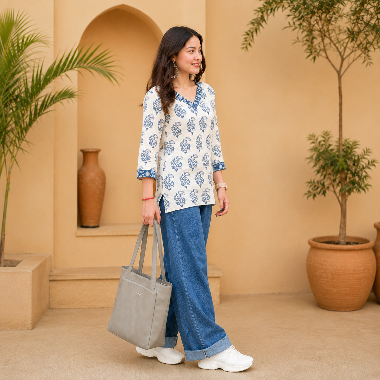 Women's Off White & Blue Ethnic Printed Cotton Kurti | V-Neck 3/4 Sleeve Straight Fit Casual Kurta_1