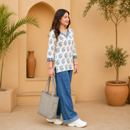 Women's Off White & Blue Ethnic Printed Cotton Kurti | V-Neck 3/4 Sleeve Straight Fit Casual Kurta