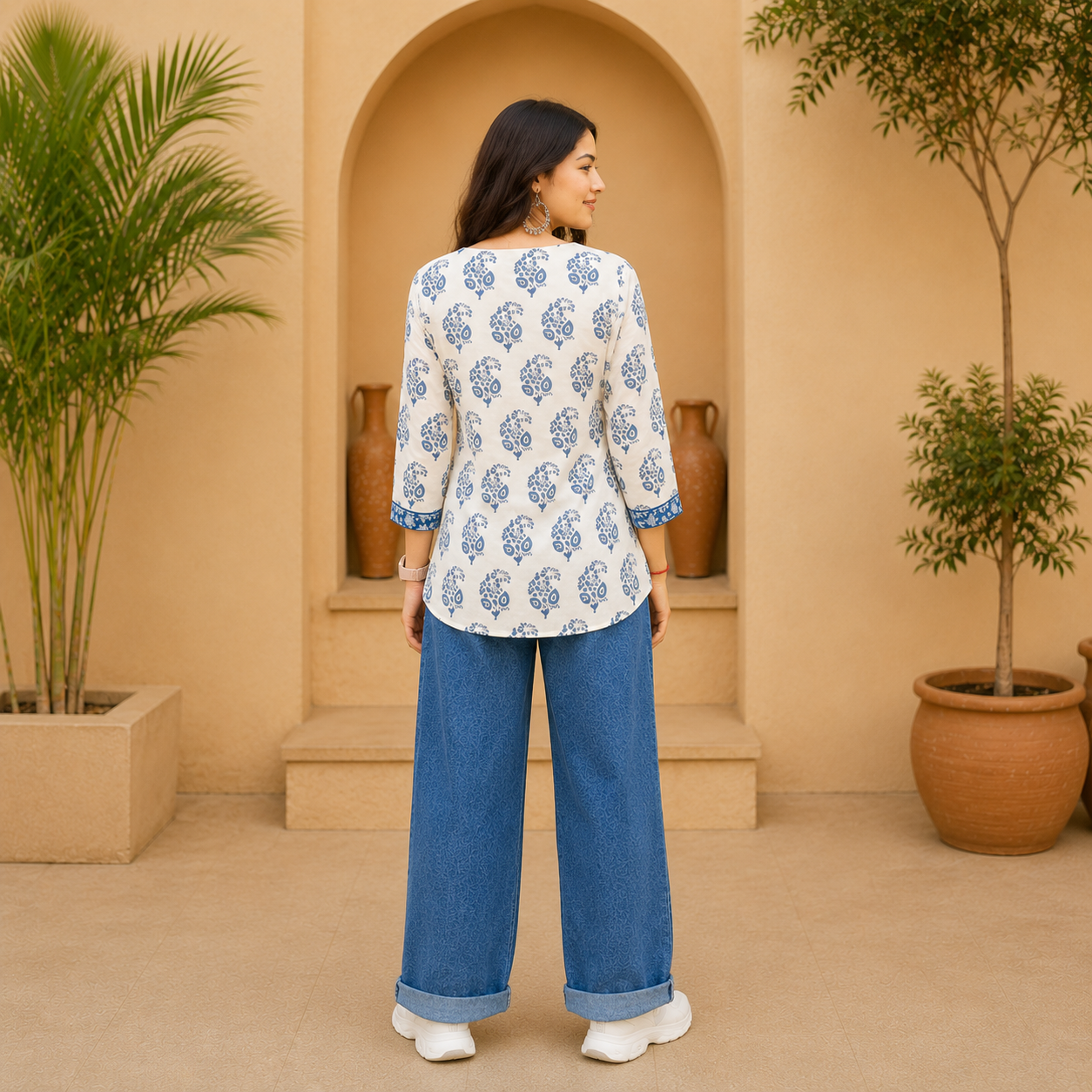 Women's Off White & Blue Ethnic Printed Cotton Kurti | V-Neck 3/4 Sleeve Straight Fit Casual Kurta_2