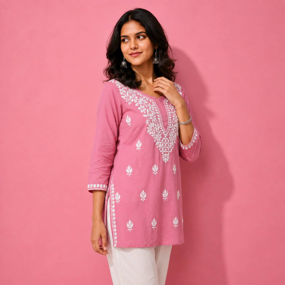 Pink Floral Embroidered Straight Kurta