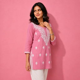 Pink Floral Embroidered Straight Kurta
