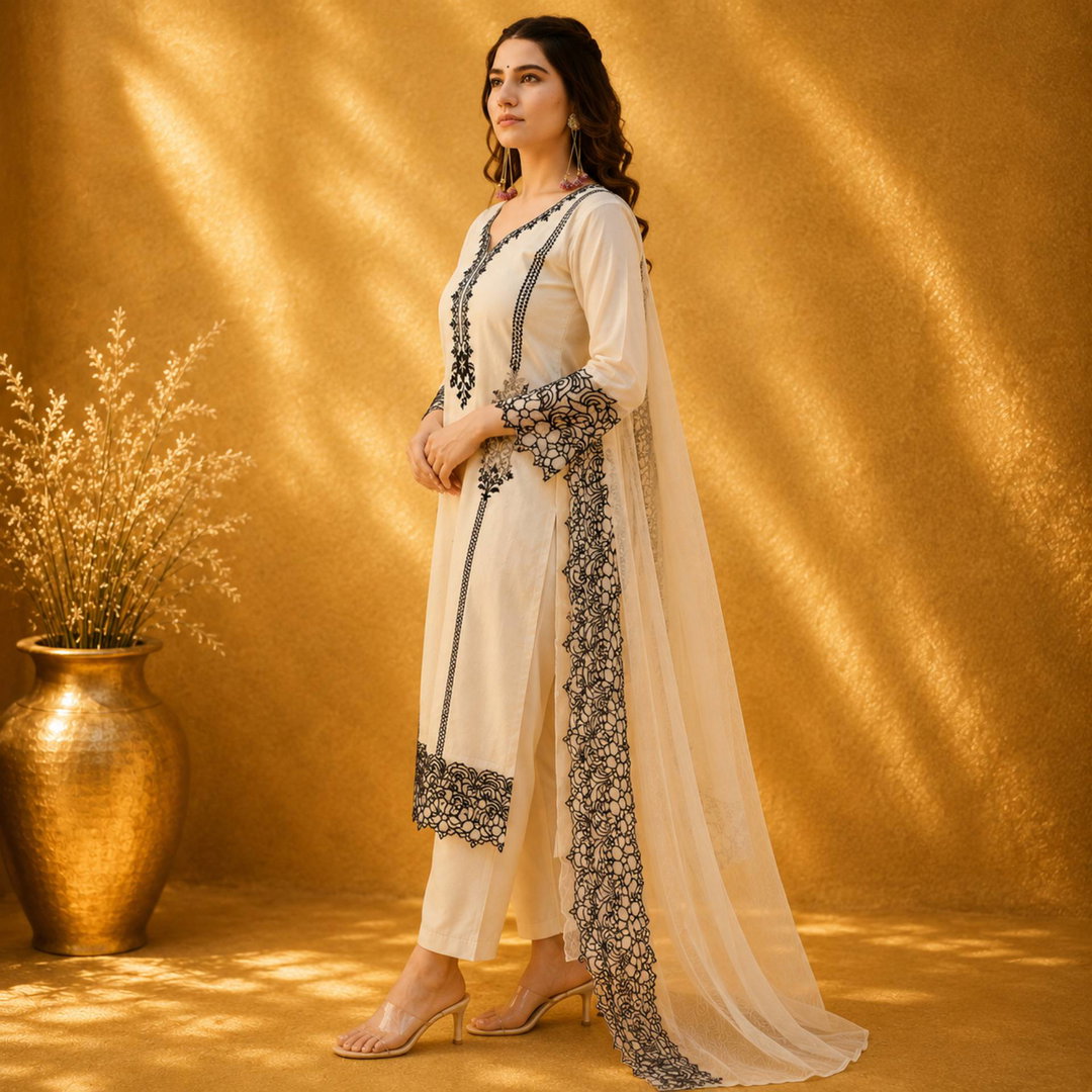 Nooré Black Embroidered Kurta Set with Dupatta