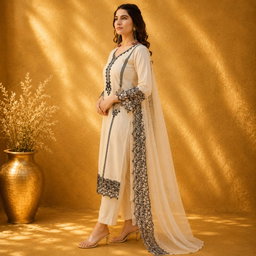 Nooré Black Embroidered Kurta Set with Dupatta