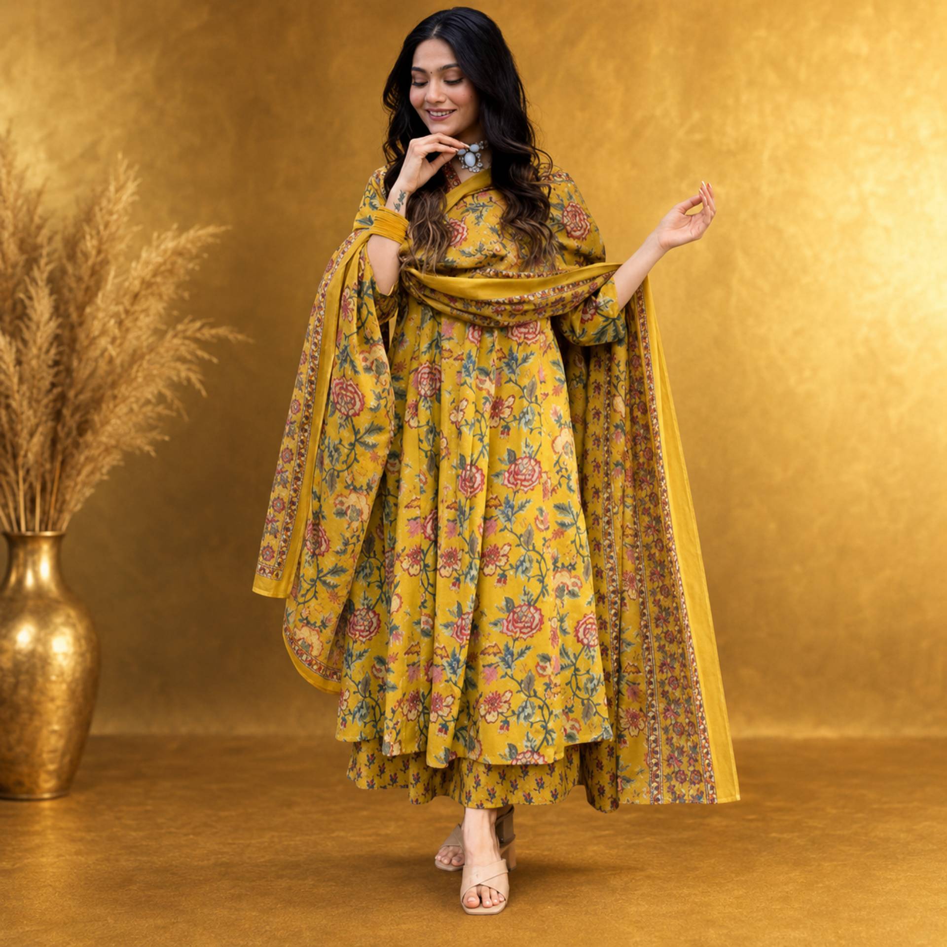Meher Mustard Floral Anarkali Kurta Set_0