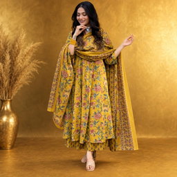 Meher Mustard Floral Anarkali Kurta Set