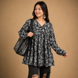Women's Black Floral Peplum Tunic Top