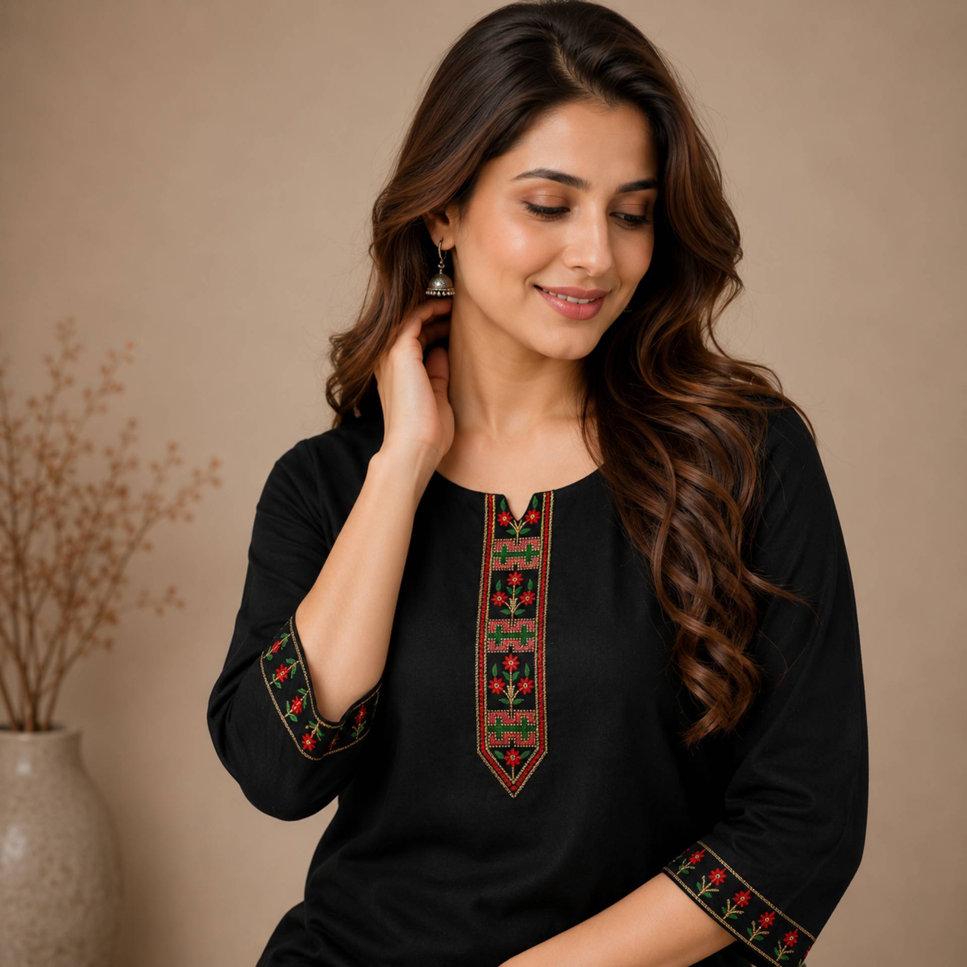 Women's Black Embroidered Straight Kurti | 3/4 Sleeve Round Neck Casual Ethnic Top_0