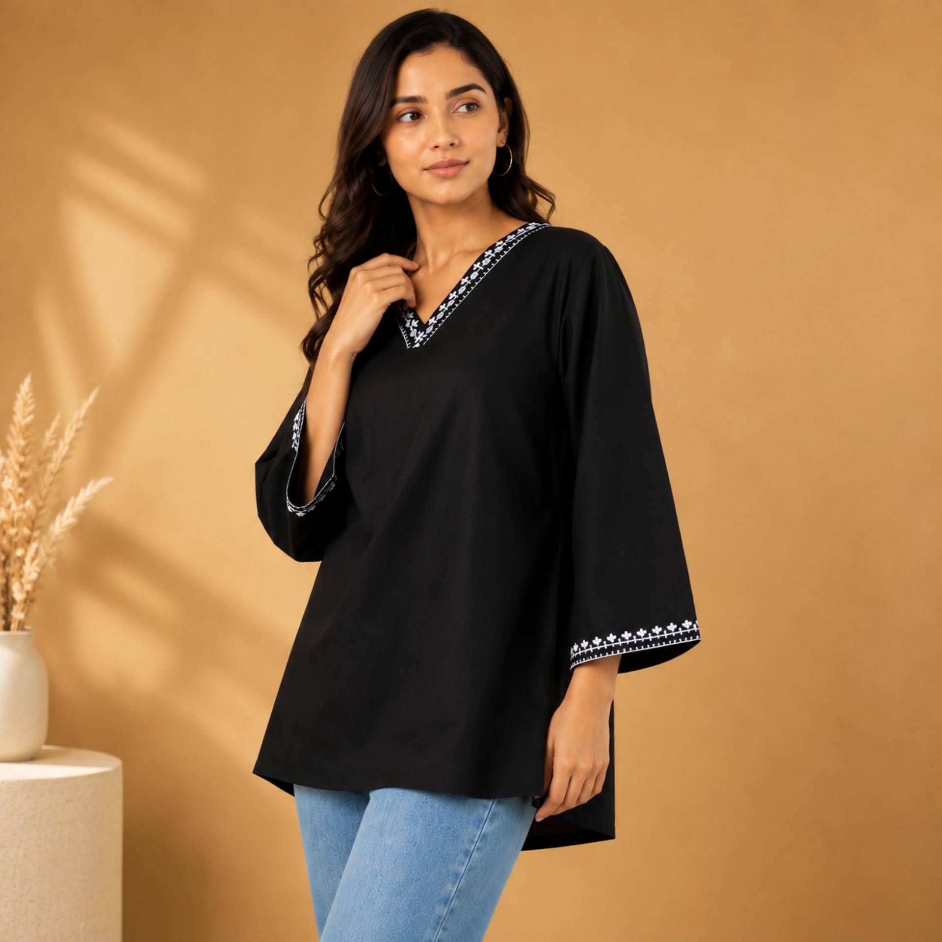 Women’s Black V-Neck Embroidered Tunic Top | 3/4 Sleeve Casual Kurti_0